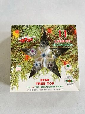 Vintage Liberty Bell Christmas Silver Tinsel Mini Star Tree Topper 11 Light